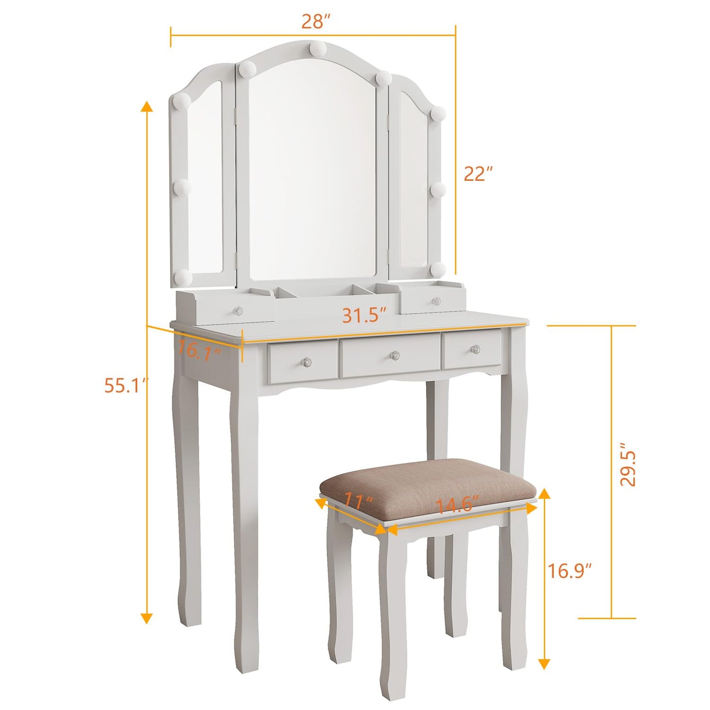 Phonrida Makeup Vanity with Lights White Vanity Desk with Mirror and Lights Vanity Table with Lighting Vanity with Mirror with Lights and Drawers Vanity Mirror with Light Desk