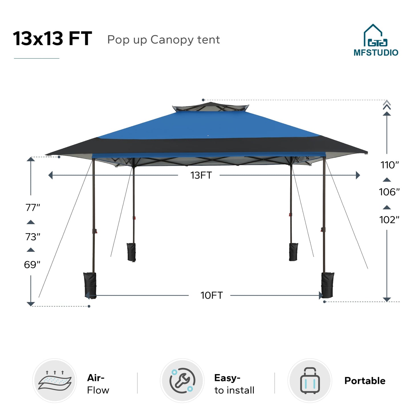 MFSTUDIO 13x13 1-Person Setup Pop Up Canopy Tent, Double-Tier Top Outdoor Instant Portable Shelter, Straight Legs, 169 sq.ft Large Sun Protection Shade, Blue