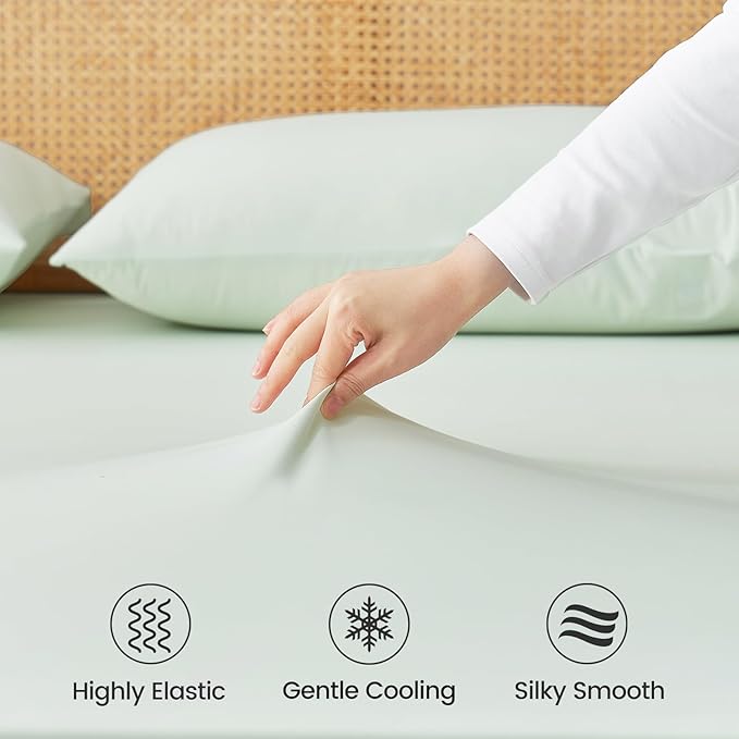 Cozy Bliss Premium Cooling Sheet Set Queen Size, Q-Max>0.4, 3PCS No Flat Sheet with 2 Pillowcases, Breathable Fitted Sheet for Hot Sleepers & Night Sweats, Deep Pocket Up to 18 Inches, Mint Green