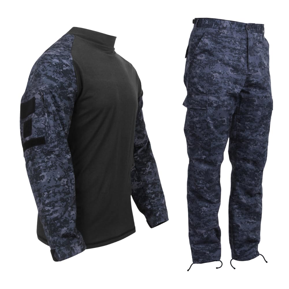 Men's Tactical Airsoft Combat Uniform Set Combat Shirt & BDU Pants (Midnight Digital Camo, S)