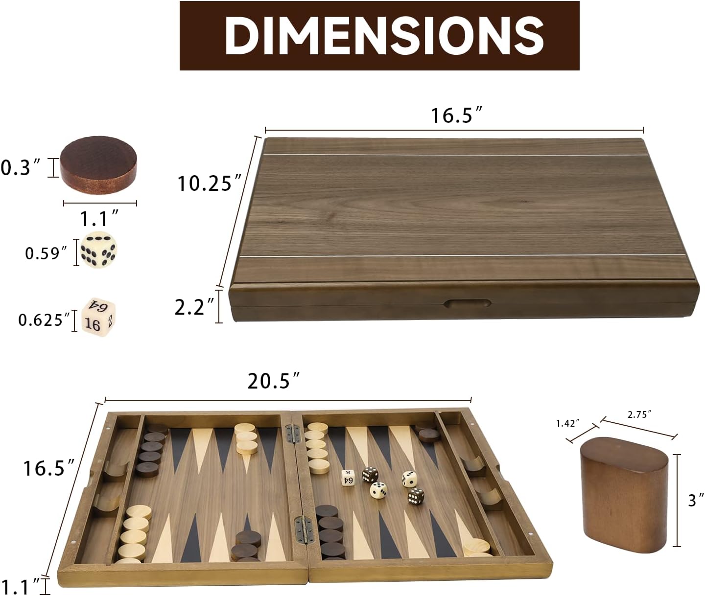 GSE Games & Sports Expert Premium Wooden Folding Inlay Backgammon Board Set, Classic Traditional Strategy Board Games (Double Stripe- 17 Inches)