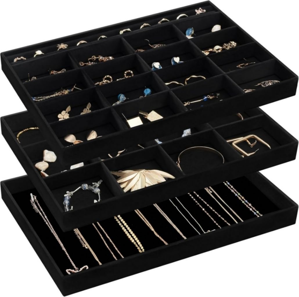 ProCase Stackable Large Jewelry Drawer Organizer, 3 Pack Velvet Jewelry Organizer Tray with Removable Dividers for Earring Neckl