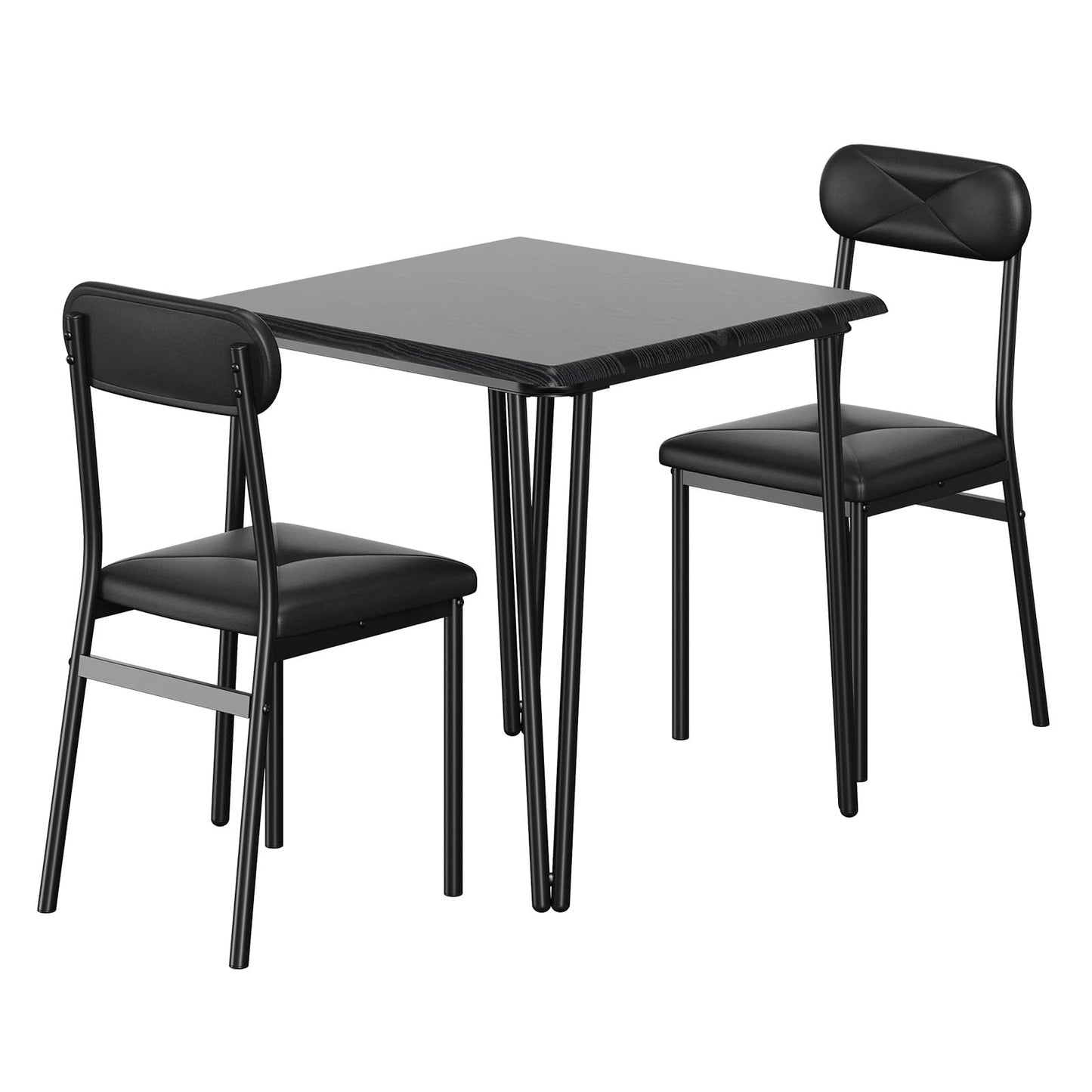 Dining Table Set for 4 with Black Wood Grain – Spacious Square Table with Rounded Corners and 4 Upholstered Chairs, Ideal for Apartment Living Room, Dining Room, (Black 3 Piece)
