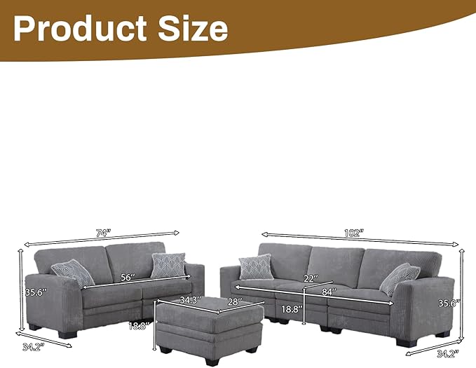 Legend Vansen Oversized Modular Sectional Sofa,6 Seat U Shaped Couch with Ottoman,Corduroy Sofa with Deep Seat,Convertible Large Sectional Couches for Living Room (Grey, L2+3)