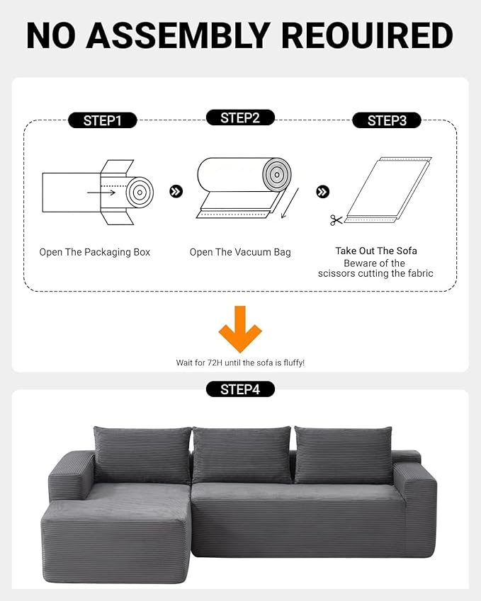 Vanress 97" Cloud Couch Sectional, Corduroy Boneless Couch with L-Shape Chaise,Modern Modular Sectional Sofa Comfy Deep Seat for Living Room, Bedroom, No Assembly (Dark Grey, Left Facing Chaise)