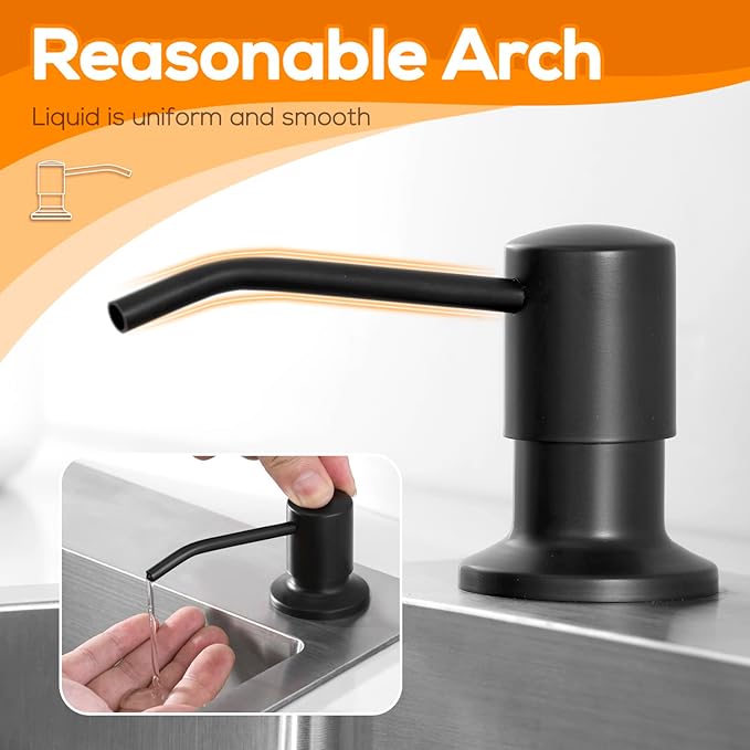 Built in Soap Dispenser for Kitchen Sink Matte Black Stainless Steel Pump Head, Counter Soap Dispenser Refill from The Top with 17 Oz PE Bottle