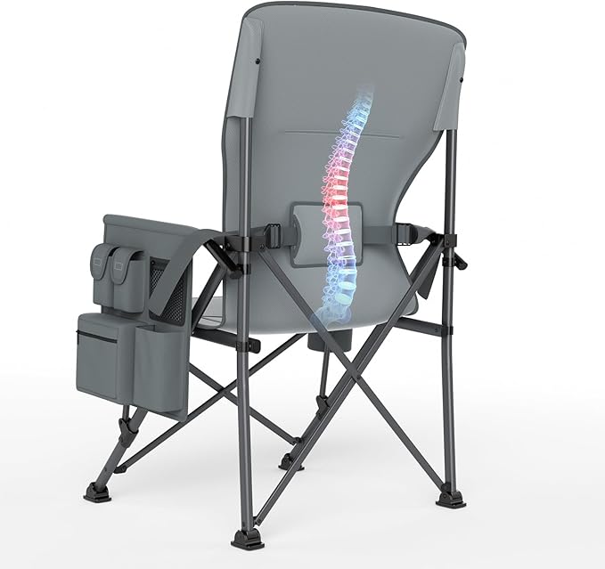 TIMBER RIDGE Oversized Folding Camping Chair with Lumbar Support Adjustable High Back Heavy Duty for Adults Support up to 500lbs with Cup Holder, Cooler Bag, Side Pocket, Grey 2 Pack