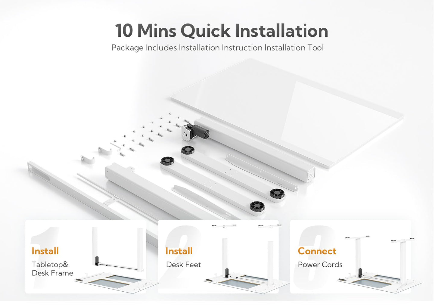 INNOVAR Glass Standing Desk, 48x24 Inch White Standing Desk Adjustable Height Electric Stand Up Quick Install for Computer Desks, Super White