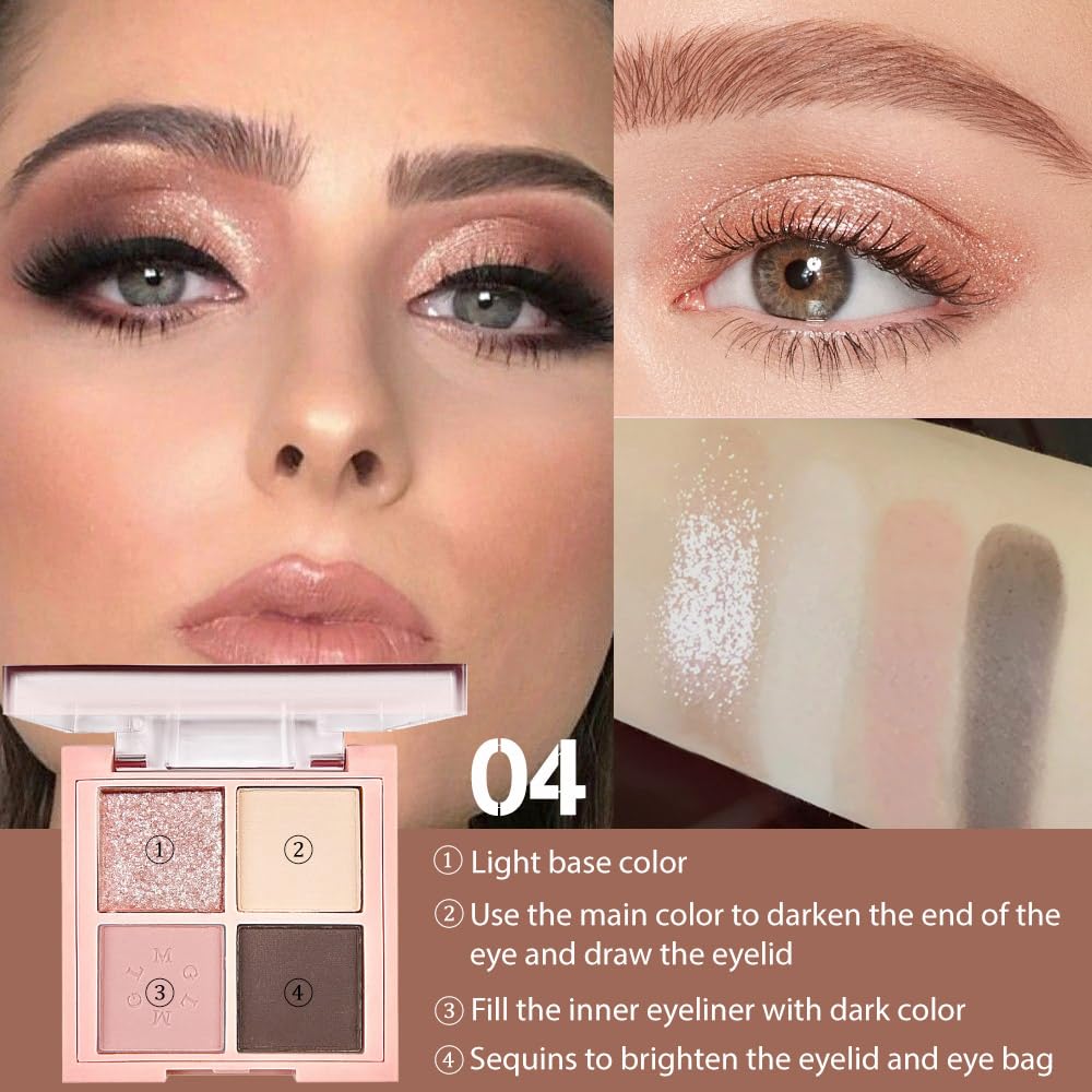 4Colors Eyeshadow Makeup Palette,Rose Gold Brown Natural Neutral Powde Eye Shadow Palette for Older Women,Long Lasting Naturing-
