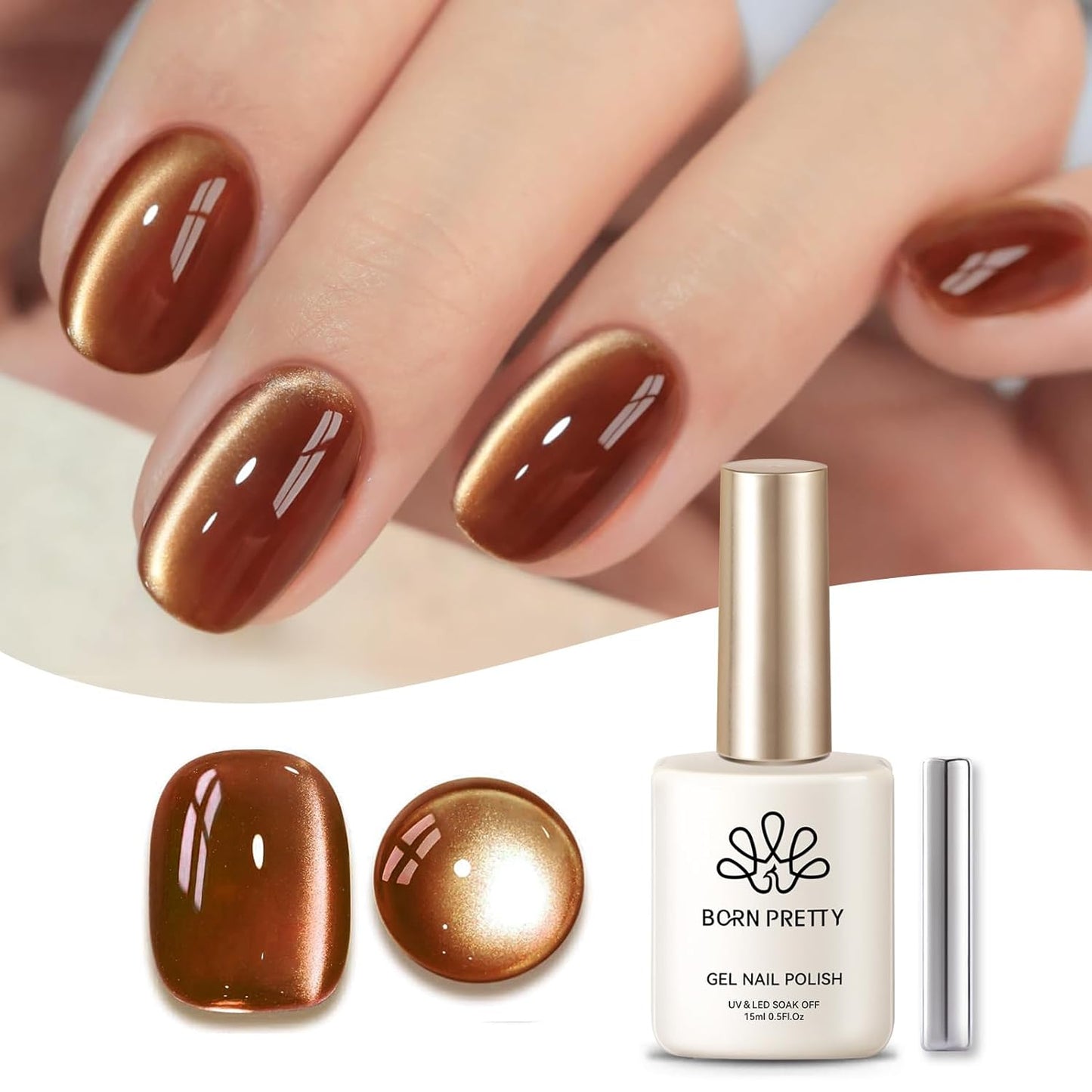 Born Pretty Cat Magnetic Eye Gel Nail Polish, Brown Moonlight Cat Magnetic Gel, Fall Winter Glitter Magnetic Soak Off U v Nail Gel Diy Art for Girls Women 15ML