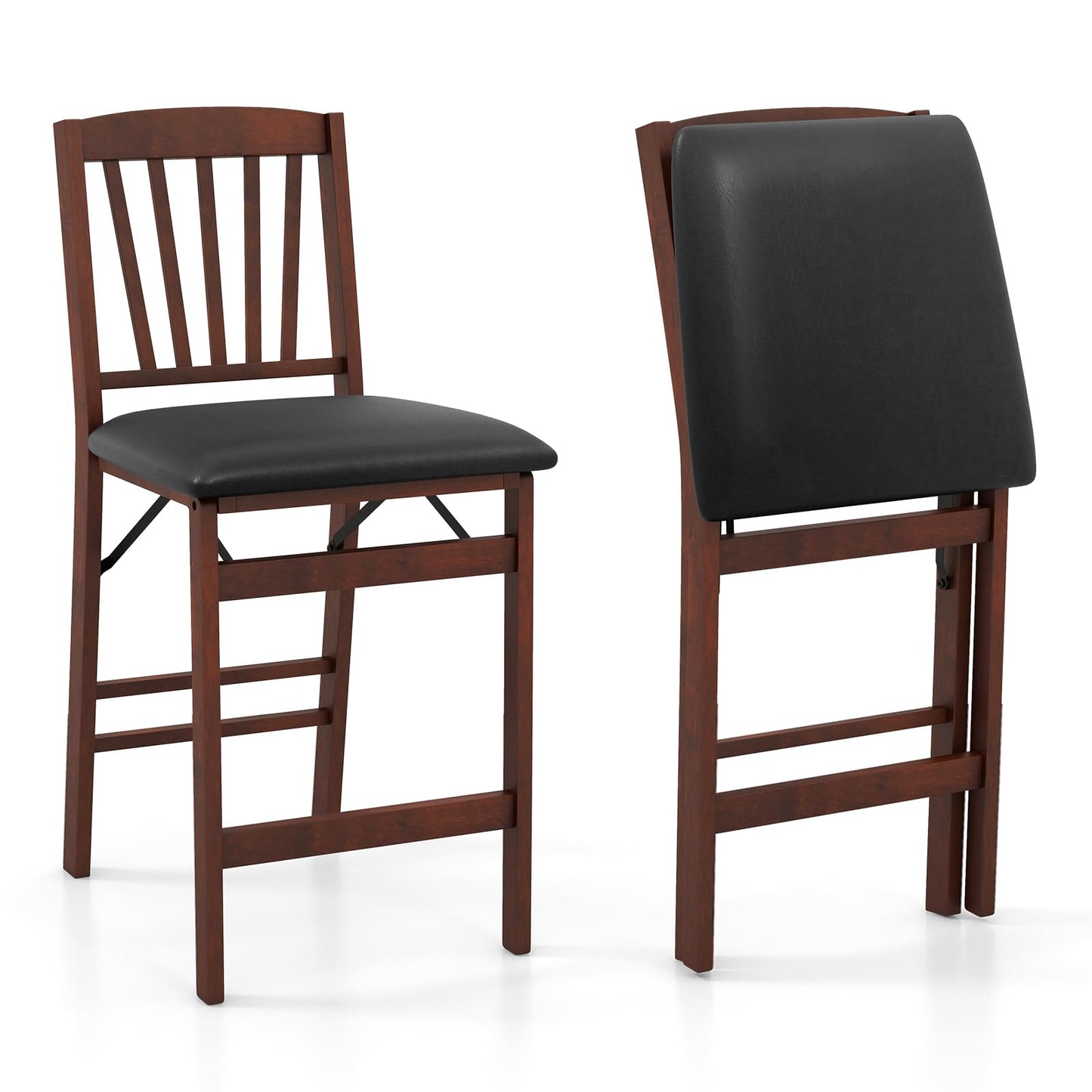 COSTWAY Set of 2 Counter Height Chairs, 24.5" Bar Stools Set, Folding Kitchen Island Stool with Padded Seat, Footrest & Rubber Wood Legs, No Assembly Needed, Portable Bar Chair for Dining Room