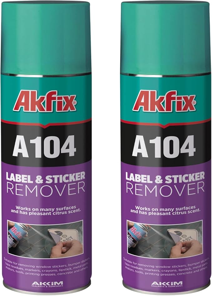 Akfix A104 Sticker Remover Spray - Cleaning Labels on Wood, Glass & Plastic - Safe Decal Remover for Tape, Residue, Gum and Stain Marker, Glue Eraser with Citrus Oil Spray | 6.7 Oz. 2 Pack