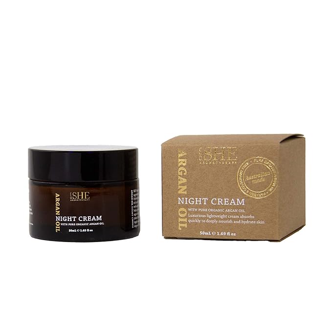 SHE Aromatherapy Argan Oil Night Cream 1.69fl oz - Nourishing and Hydrating, Smooths, Soothes and Softens, Organic Argan Oil, Vitamin E. Australian Made.