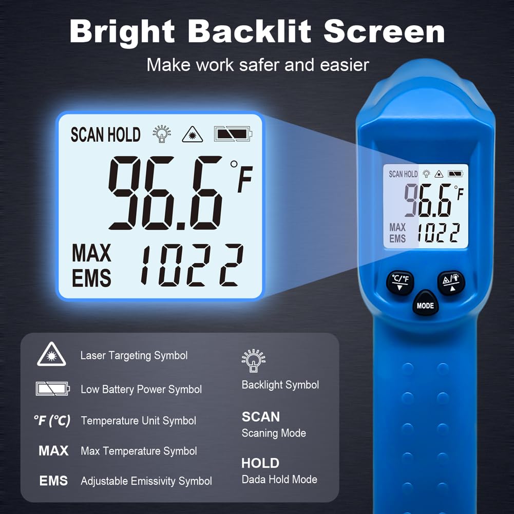 Ahosoutly Infrared Thermometer Temperature Gun - 58 ℉~1022 ℉ (- 50 ℃~550 ℃) Non-Contact Digital Laser Infrared Ir Thermometer for Cooking, Barbecue, Food, Repair (Blue)