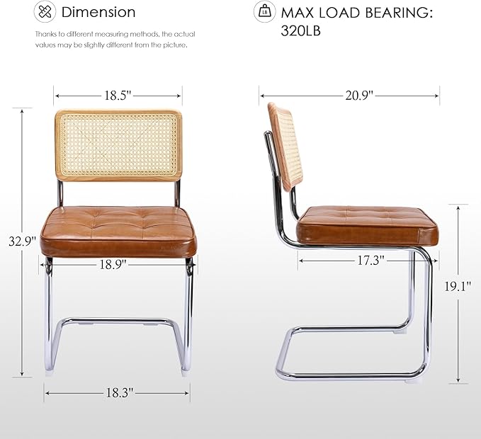 Zesthouse Natural Rattan Dining Chairs Set of 2, Modern Dining Room Chairs with Solid Wood Back for Kitchen Living Room, Mid Century Breuer Design Inspired, Upholstered Faux Leather Brown