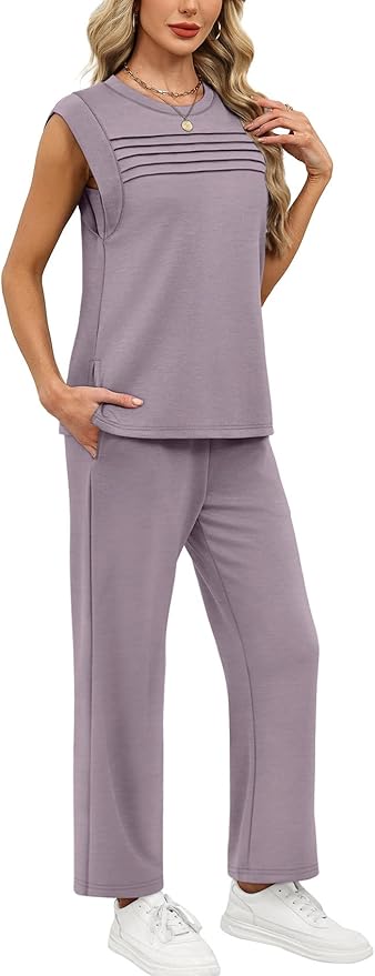 WIHOLL 2 Piece Sets for Women Summer Lounge Sets Travel Vacation Outfits Cap Sleeve Sweatsuit Side Slit Wide Leg Pants S-3XL