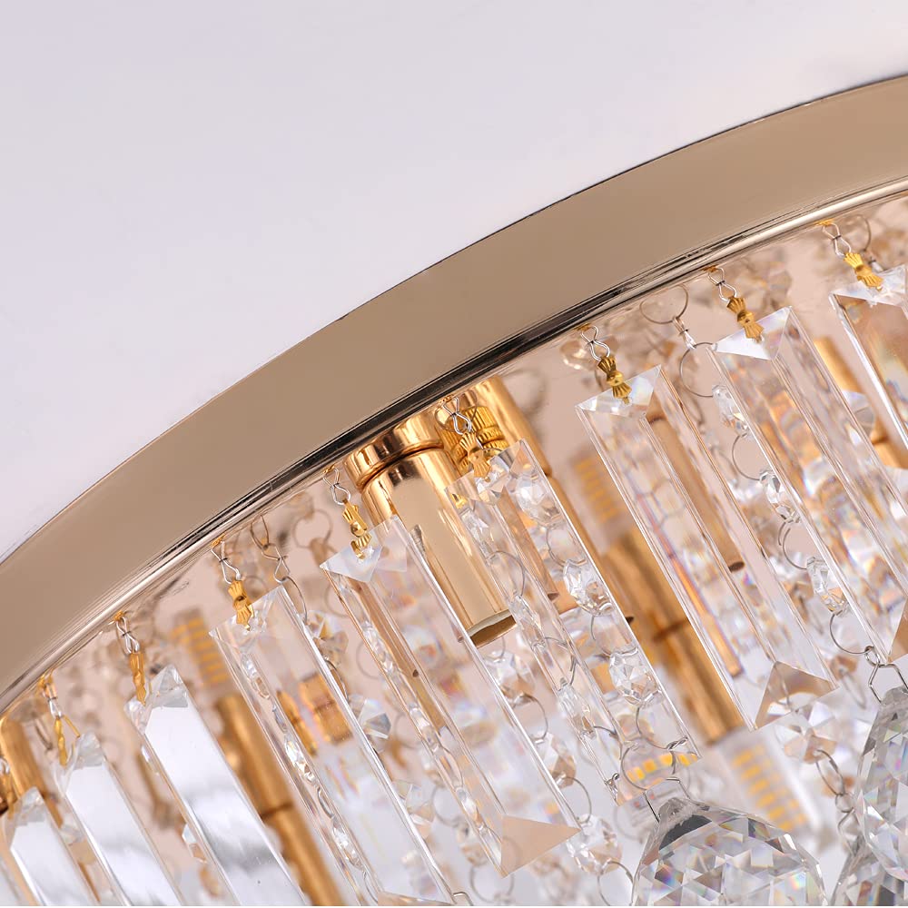 Gopmmy Mini Crystal Chandelier Ceiling Light,Flush Mount Modern Round K9 Crystal Raindrop Ceiling Lighting Fixture for Dining Room Bedroom Hallway Height 11''x Width 16''(French Gold)