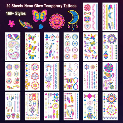 Ozepao 20 Sheets Glow in The Black Light Temporary Tattoos, Glow Party Supplies for Adults and Kids, 160+ Neon UV Glow Flu...
