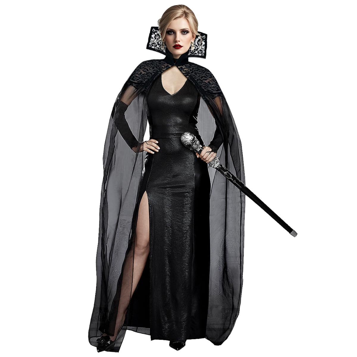L'VOW Black Vampire Cloak Stand-up Lace Collar Cape Gothic Tulle Witches Cape for Womeen Halloween