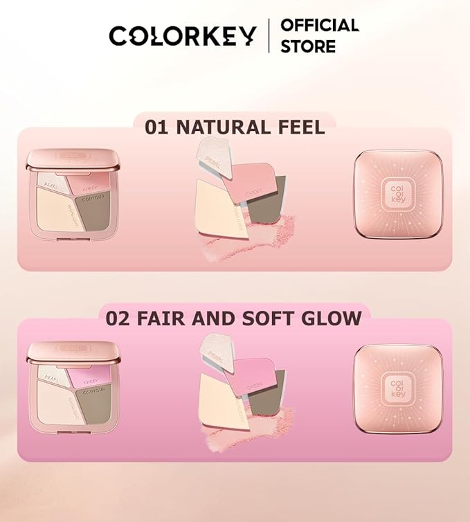 COLORKEY 3D Sculpting Contour Palette, 4-Color, High Capacity, Highlighter, Blush, Shadow, Translucent, Youthful Glow, Long-Lasting, Fine Texture (01)