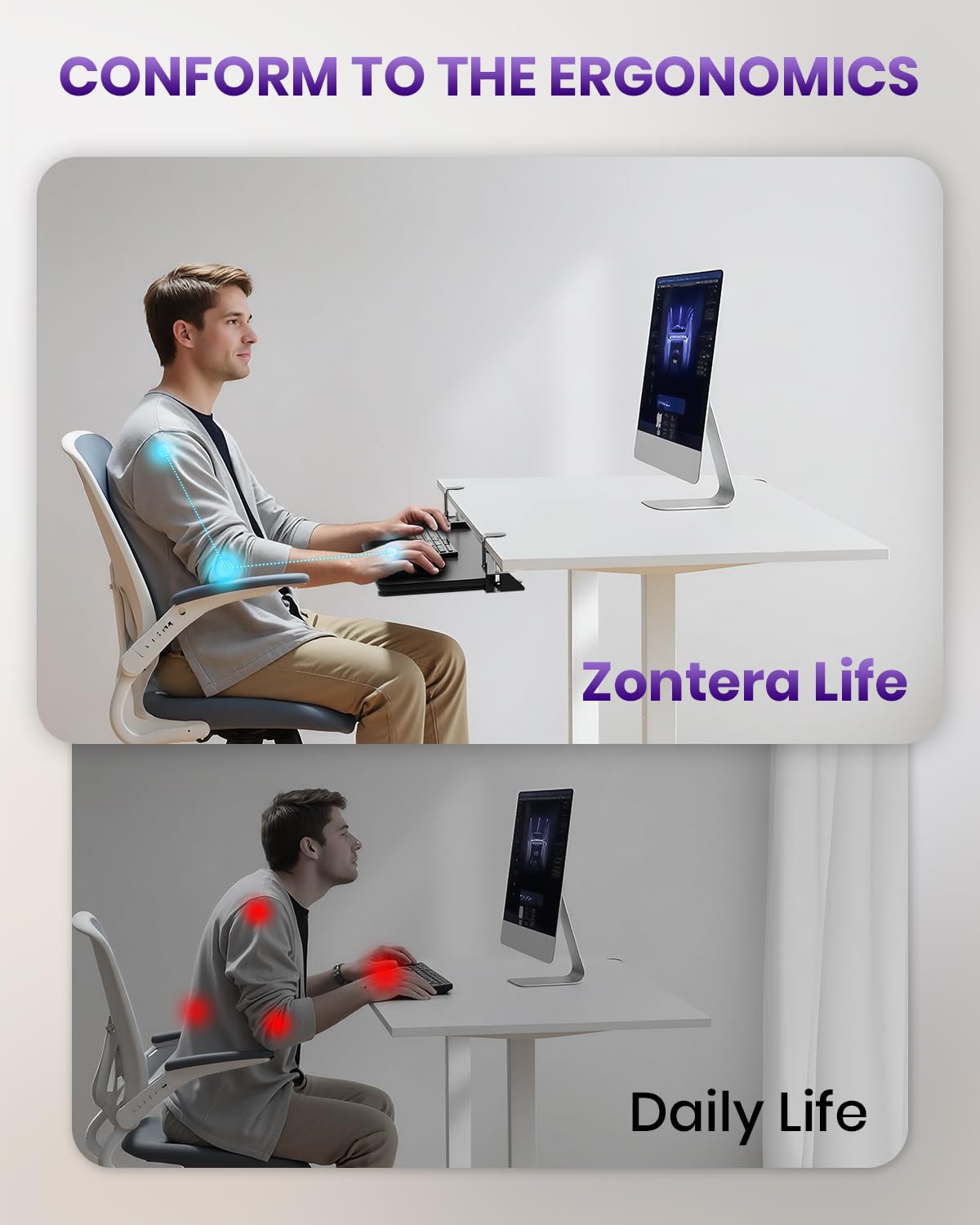 Zontera Ergonomic Mouse & Keyboard Tray Under Desk, Pull Out with Adjustable C-clamp, 20 x 11.8 Inch Slide Out Computer Keyboard Drawer Mouse Tray for Typing, Black