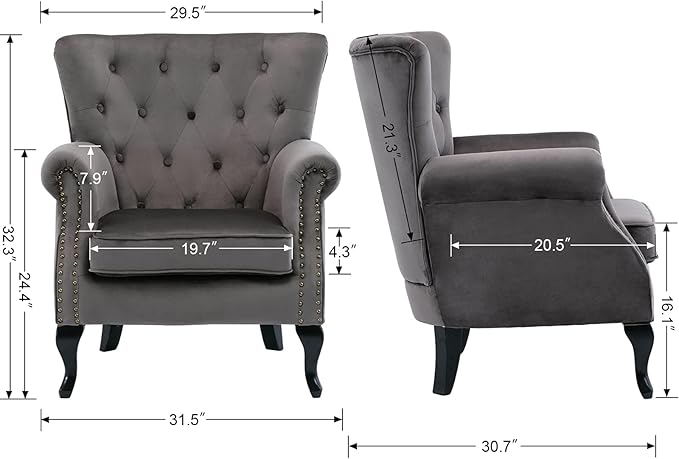 DM Furniture Set of 2 Mid-Century Modern Accent Chair, Velvet Armchair w/Tufted Back/Wood Legs, Upholstered Lounge Arm Chair Single Sofa for Living Room Bedroom, Grey