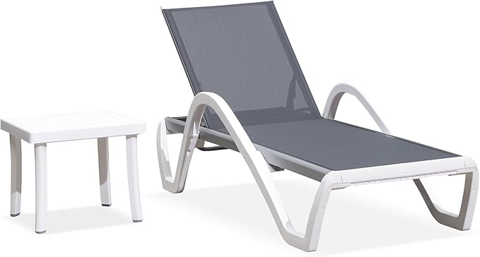 PURPLE LEAF Patio Chaise Lounge Chair Set Outside Aluminum Plastic Stackable Tanning Chairs with Armrests and Side Table for Pool Sunbathing Beach Deck Outdoor Lounger, Light Grey