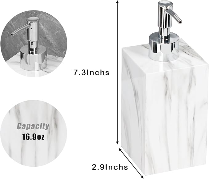 2-Pack Marble Look Resin Soap Dispensers, 16.9 oz Refillable Lotion Pump Bottles for Bathroom, Kitchen, Vanity, Office Sink Countertops – Durable, Moisture-Resistant Home Décor (White)