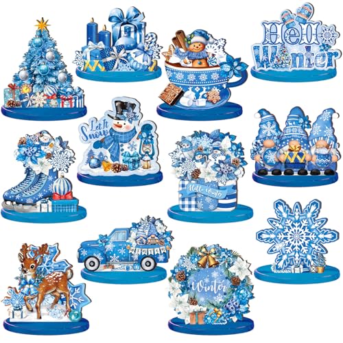 Wesiti 12 Pcs Winter Snowflake Table Decorations Wooden Centerpiece for Table Blue White Snowflake Snowman Gnomes Tabletop...