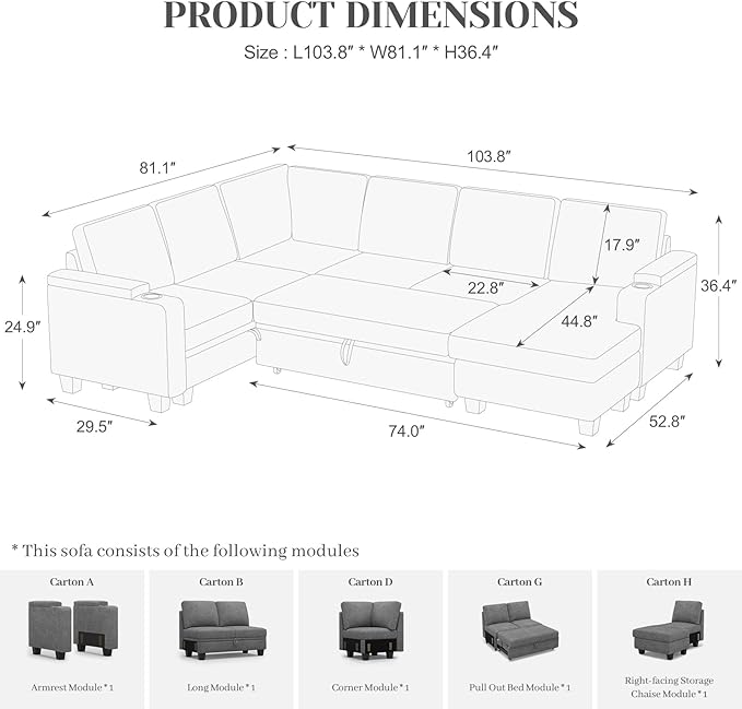 Belffin Sleeper Sofa Modular Sectional Pull Out Couch Bed U Shaped Sofa Couch for Living Room with Storage Chaise. Light Gery