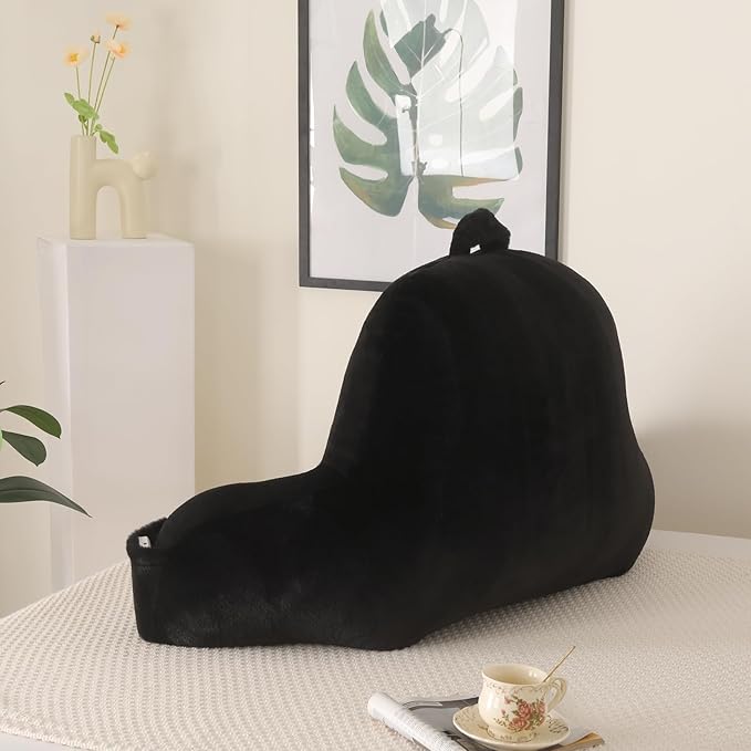 PAJEO Reading Pillow for Sitting in Bed, Large Backrest Reading Pillow with Arm Rest,Back-Rest Support Cushion for Sit Up on Couch, Sofa, and Floor, Dorm Essentials (Black Faux Fur, Standard(17"))