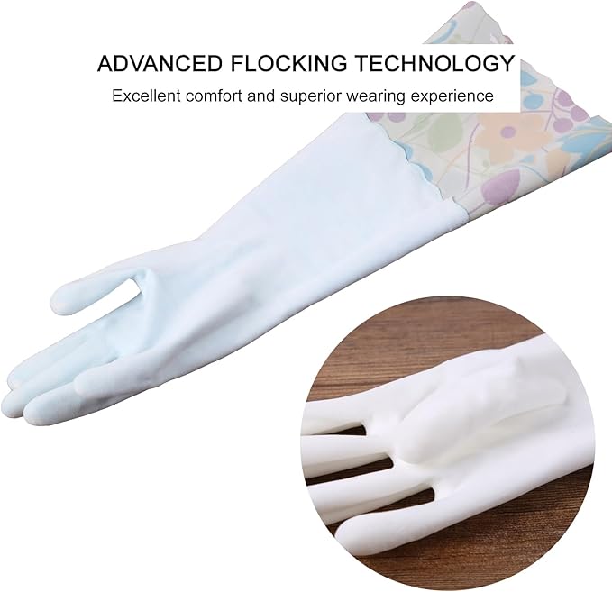 Bamllum 3 Pairs Rubber Cleaning Gloves, Household Kitchen Dishwashing Gloves with Cotton Flocked Liner, Long Cuff 16 Inches (Blue+Yellow+White, Medium)