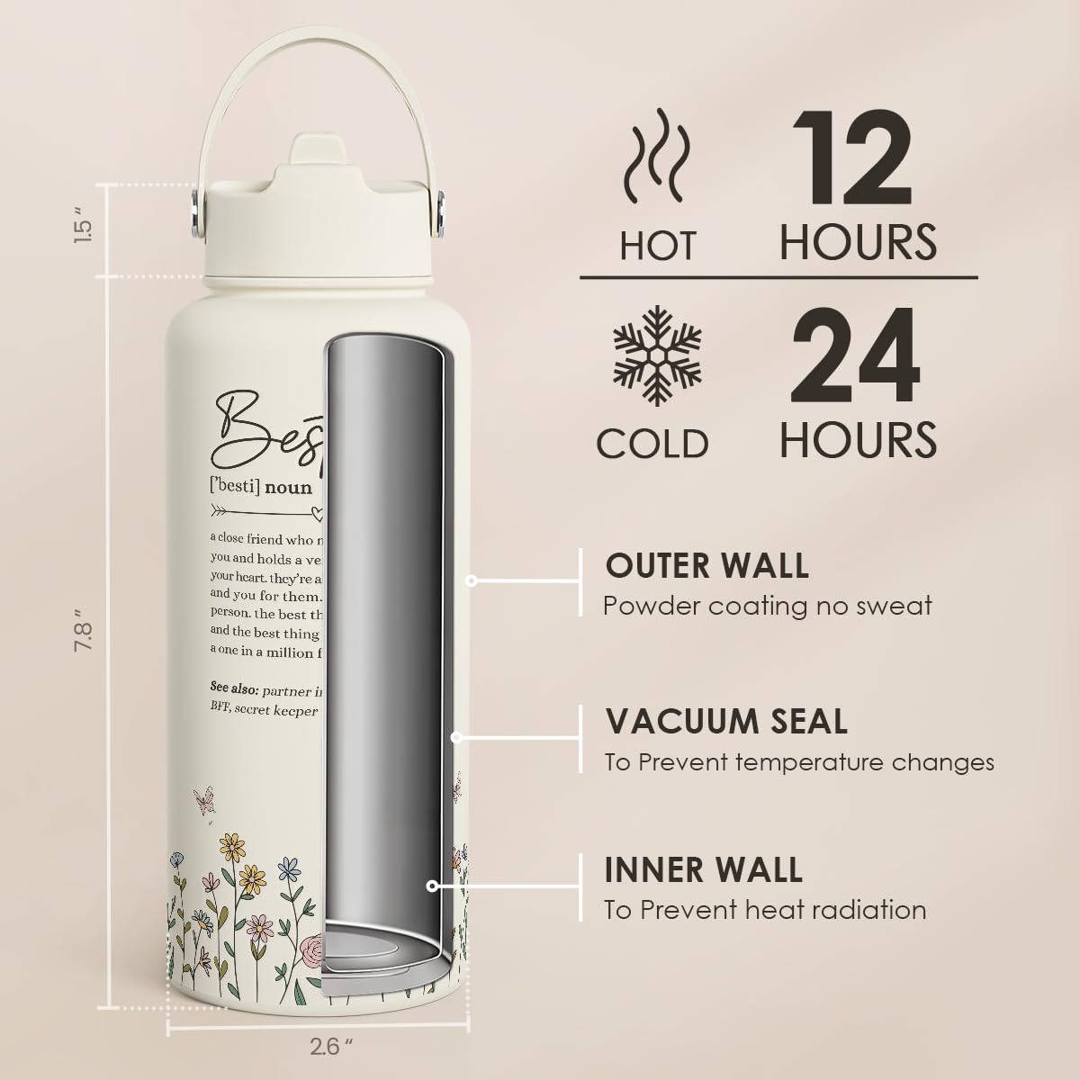 Best Friend Water Bottle 32oz Stainless Steel with Lid & Straw, Bestie Insulated Bottles for Women Girls Female Friends Sisters, Gifts Ideas for Birthday Christmas