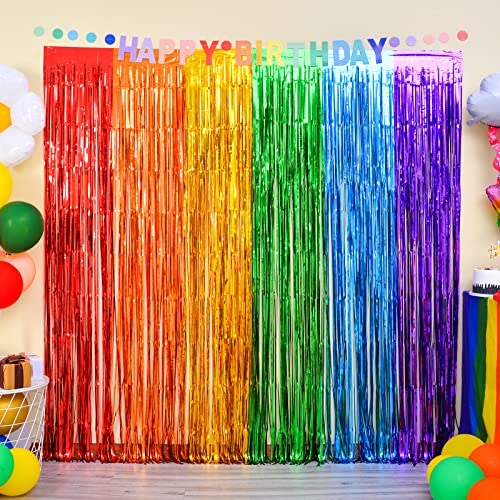 LOLStar Rainbow Photo Booth Props 4 Packs Rainbow Party Decorations 13.2x6.6 ft Foil Fringe Curtains Tinsel Metallic Strea...