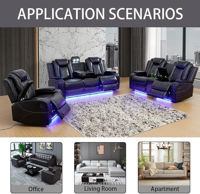 A Ainehome Luxury Furniture Sets Power Recliner Sofa Set Recliner Leather Sofas Loveseat Chair for Living Room Furniture/Small Space/Rv/House/Office/Theater Seating (F-Black, 3 Piece Set)