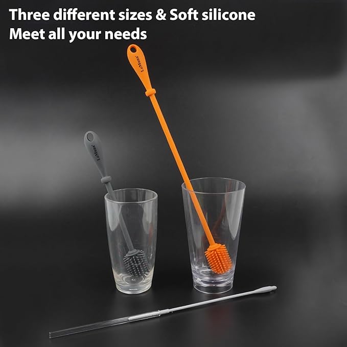 LeMuna Silicone Bottle Brush, Water Bottle Cleaner Brush Set with Silicone Straw Brush for Narrow Neck Containers, Hydro Flask, Sports Bottle, Glassware