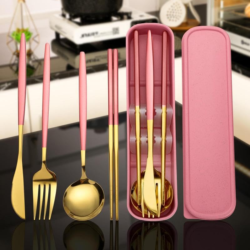 Stainless Steel Cutlery Set with Storage Box, 4 Counts Portable Reusable Utensils Set for Home Office School Camping Trave...