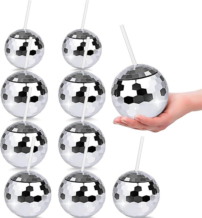FLUFFORT 9 Pcs Disco Ball Cups with Lid and Straw – Silver Spherical Cocktail Tumblers, Reusable Disco Wine Glasses for Ba...