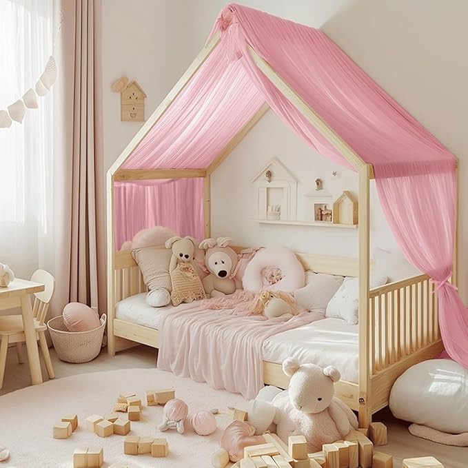 NICETOWN Pink Bed Canopy for Nursery - Decorative Soft Voile Sheer Window Scarf DIY Ascot Top Bed Scarf Drapes for Girls/K...