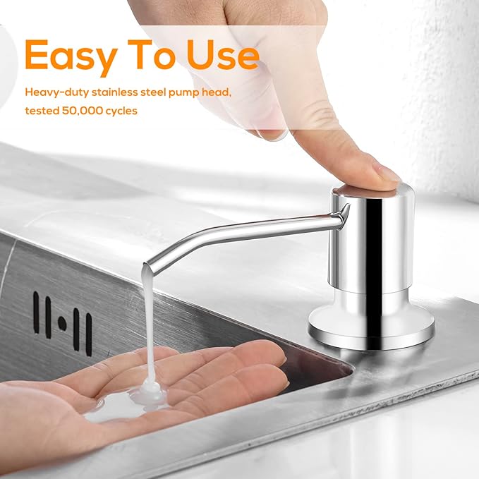Built in Soap Dispenser for Kitchen Sink Chrome Stainless Steel Pump Head, Counter Soap Dispenser Refill from Top with 17 Ounce PE Bottle