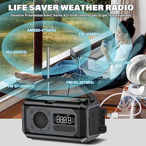 12000mAh Emergency Weather Radio, Hand Crank Solar Radio Portable AM/FM/NOAA Radio with 2 Solar Panels 3 Charging Methods ...