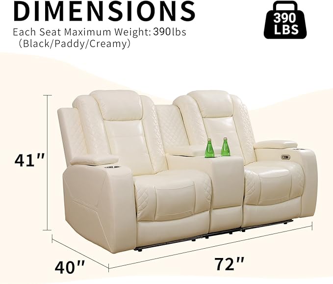 Caberryne Power Recliner Sofa with LED Lights,Leather Reclining Loveseat with Double Recliner/USB Port/Storage Console/Cup Holder for House/Home Theater(2 Seater Loveseat,Creamy)