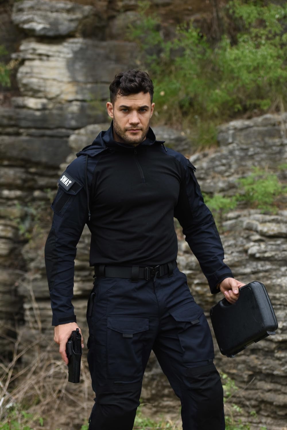 Men's Tactical Shirt, 1/4 Zip Long Sleeve Combat Shirt with Elow Pads, Tactical Hoodie with Pockets Blue