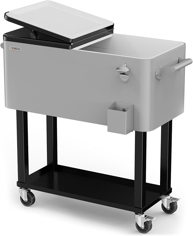 VINGLI 80 Quart Rolling Ice Chest on Wheels, Portable Patio Party Bar Drink Cooler Cart, with Shelf, Beverage Pool with Bo...