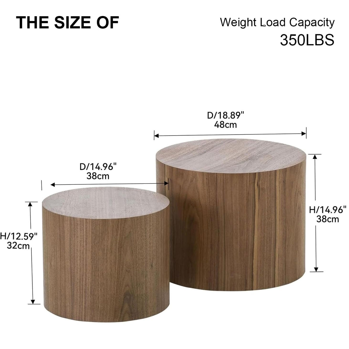Nesting Coffee Table Set of 2, Modern Round Coffee Table with Non-Slip Feet, Walnut Wooden Circle Accent Tables for Small Spaces Living Room Bedroom Balcony Office Drum Side Table (Walnut)