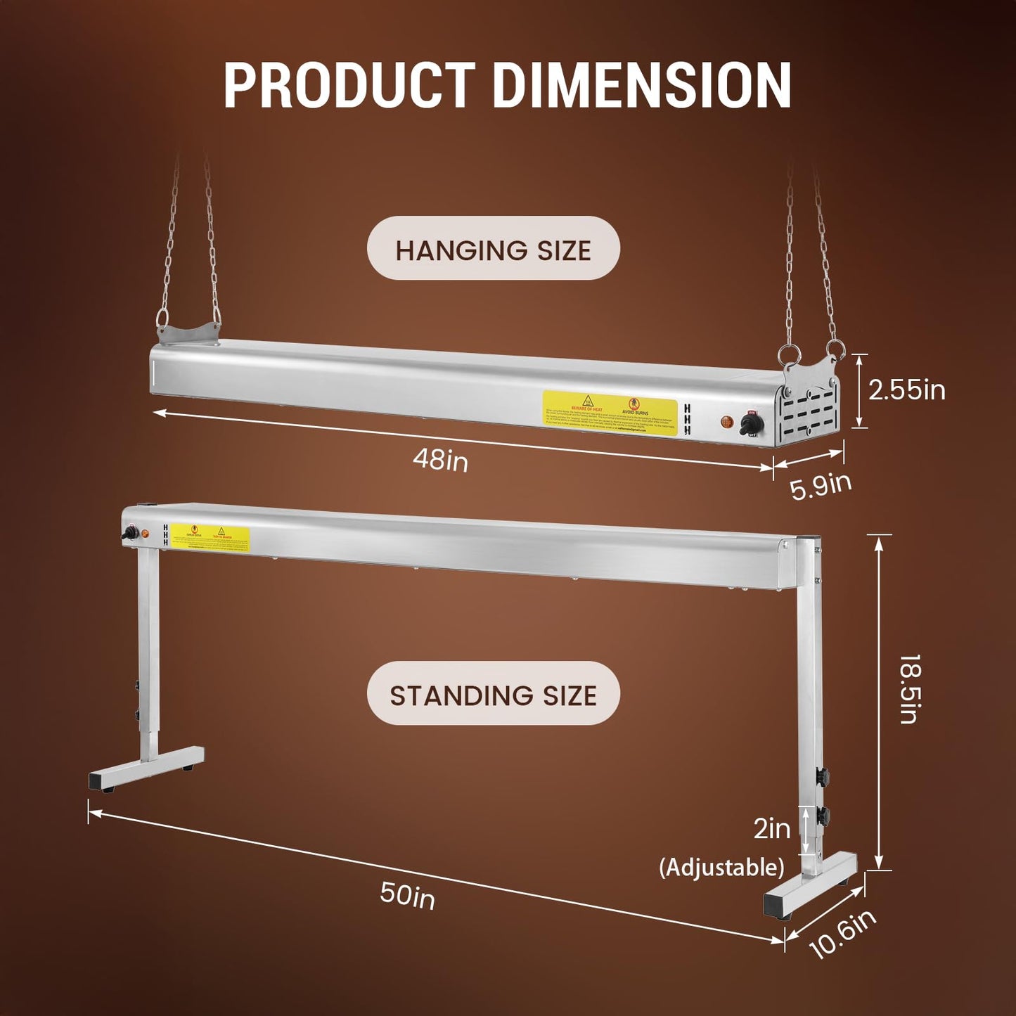 Hiteemer 48-Inch Food Heat Lamp, 1300W Commercial Food Warmer Electric Strip Heater Overhead Stainless Steel Catering Heating Lamp for Buffet Restaurant Parties Kitchen, Silver 115V