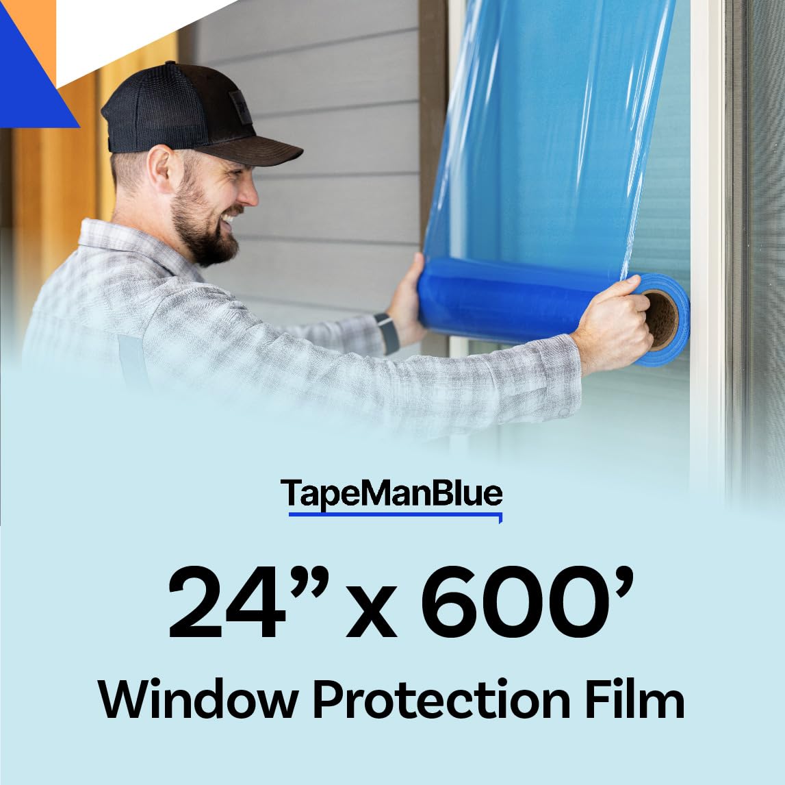 Window Protection Film, 24 inch x 600 feet, Made in The USA, Strongest and Most Durable Window Protection Film for Construction, Blue Self-Adhesive Temporary Glass Protection Tape