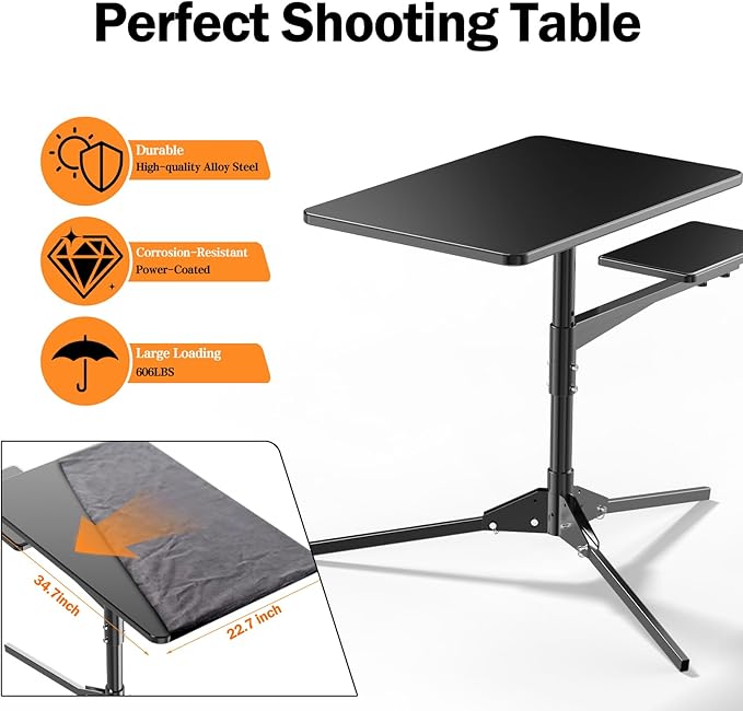 RogueArm Height Adjustable Shooting Table with 360 Degree Rotation Padded Seat, Portable Shooting Bench with Stable and Foldable Base,Shooting Platform for Outdoor, Range, Shooting and Cleaning