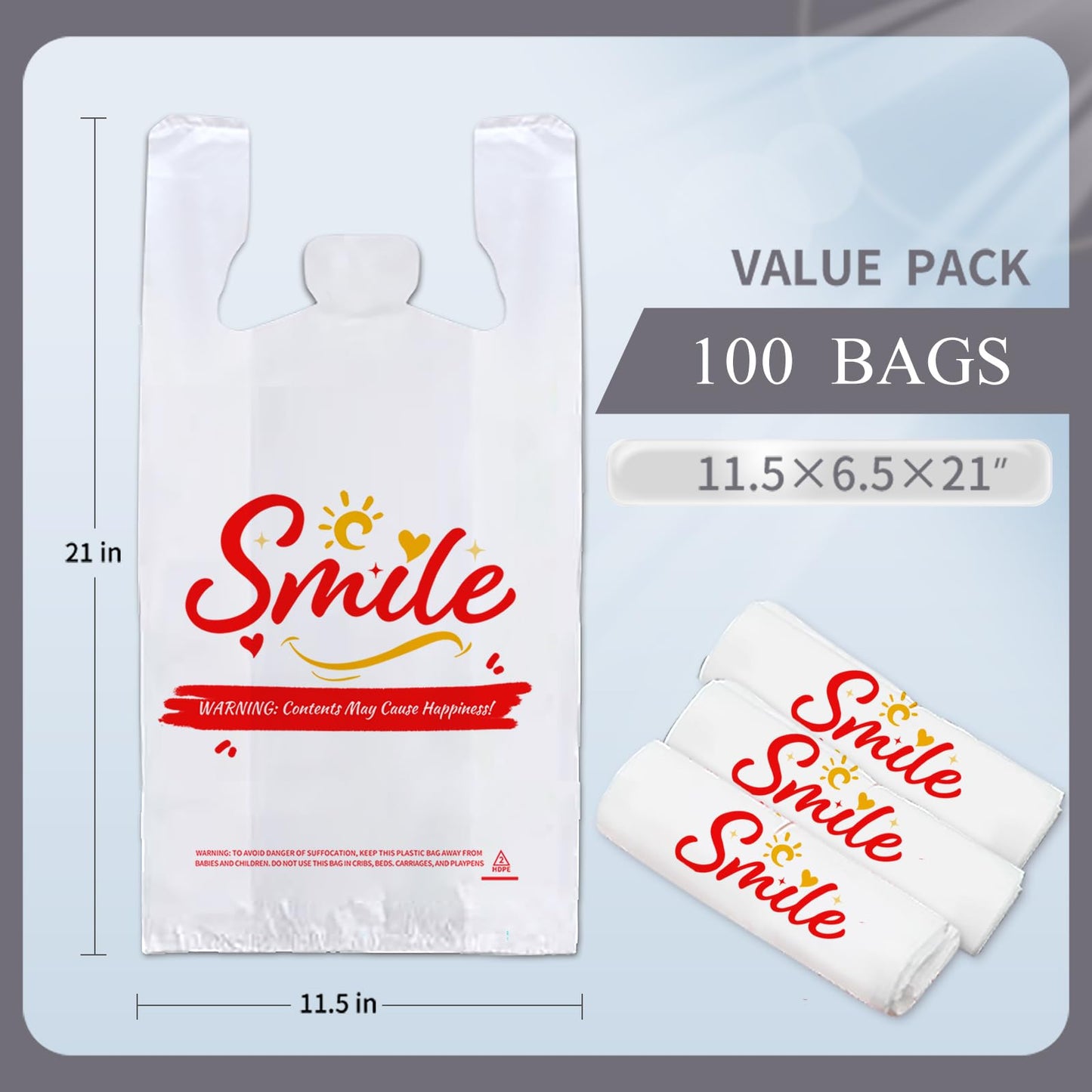 TGEONIX 100 Pack White Smile Plastic Bag - 11.5"x6.5"x21" T-Shirt Grocery Bags with Handles, Cheerful Alternative to Thank You Bags, Bulk for Retail, Supermarkets & Small Business