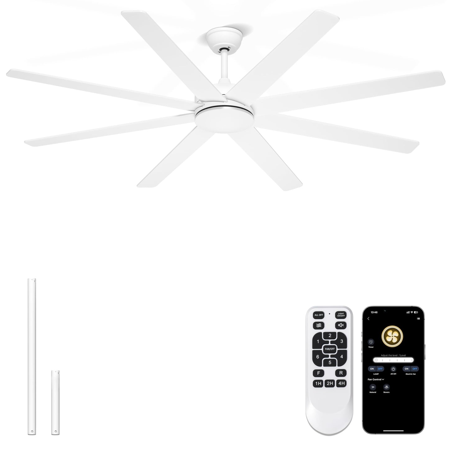 Phylluz 72 Inch Large Ceiling Fans Without Lights, 8 Blades White Ceiling Fan Remote/APP Control, Reversible Big Ceiling Fan for